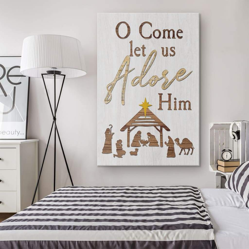Faith-based Christmas wall art displaying &quot;O Come Let Us Adore Him&quot; with a Nativity scene of Jesus, great religious holiday decor.