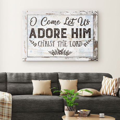 Inspirational canvas print with "O Come Let Us Adore Him," ideal Christian Christmas wall decor for homes.