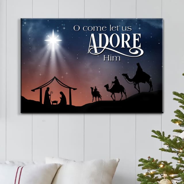Christian Christmas wall art canvas featuring "O Come Let Us Adore Him" with the three wise men visiting Jesus, perfect faith-based holiday decor.