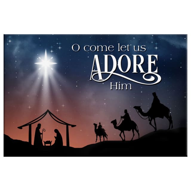 Faith-based Christmas wall art displaying "O Come Let Us Adore Him" with the three wise men and Jesus, great religious holiday decor.