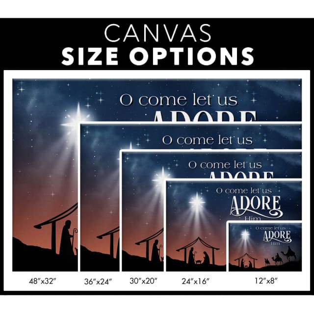 Religious Christmas wall art canvas with "O Come Let Us Adore Him" and the three wise men visiting Jesus, perfect for faith-filled Christmas home decor.
