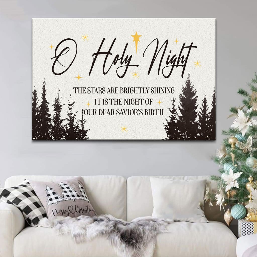 Inspirational canvas print with &quot;O Holy Night The Stars Are Brightly Shining&quot; and a white background with a starry night, ideal Christian Christmas wall art.