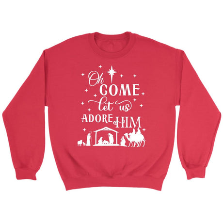 Oh come let us adore Him Christmas Christian sweatshirt Red / S
