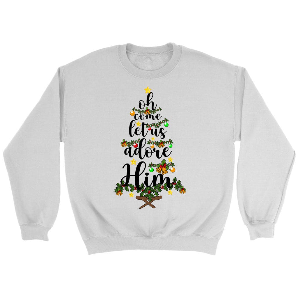 Christian Christmas sweatshirts, Oh come let us adore him christmas sweatshirt White / S