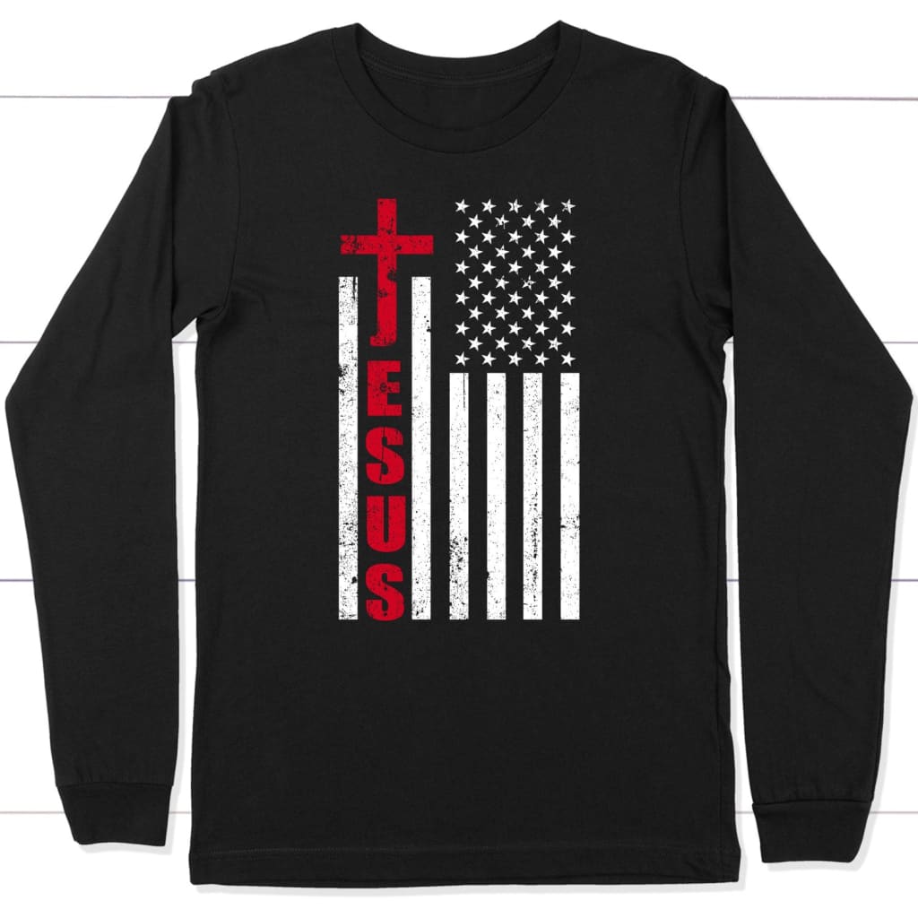 Patriotic apparel: Jesus word cross with American flag Christian long sleeve t-shirt Black / S