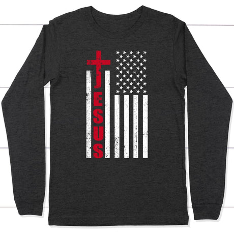 Patriotic apparel: Jesus word cross with American flag Christian long sleeve t-shirt Dark Grey Heather / S