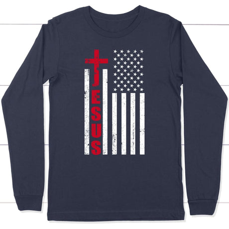 Patriotic apparel: Jesus word cross with American flag Christian long sleeve t-shirt Navy / S