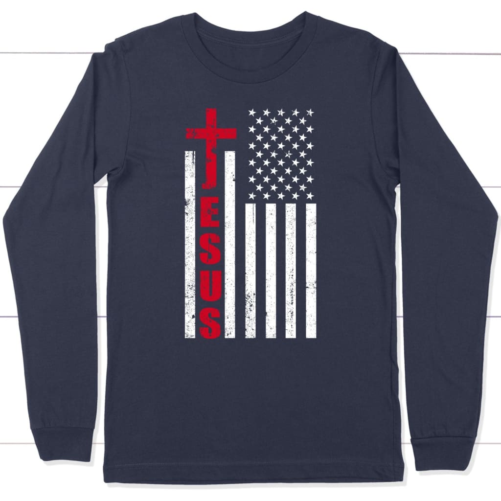 Patriotic apparel: Jesus word cross with American flag Christian long sleeve t-shirt Navy / S