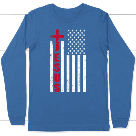 Patriotic apparel: Jesus word cross with American flag Christian long sleeve t-shirt True Royal / S