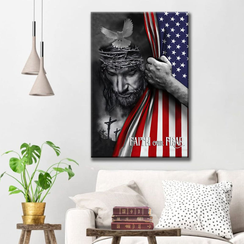 Patriotic "Faith Over Fear" Christian wall art with Jesus Christ and American flag on canvas print.