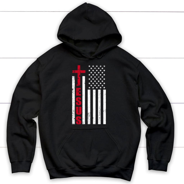 Patriotic hoodies: Jesus word cross with American flag Christian hoodie Black / S