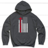 Patriotic hoodies: Jesus word cross with American flag Christian hoodie Dark Heather / S