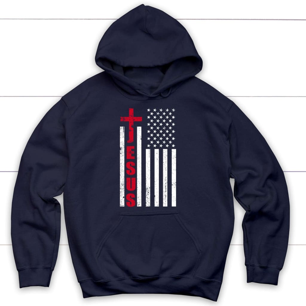 Patriotic hoodies: Jesus word cross with American flag Christian hoodie Navy / S