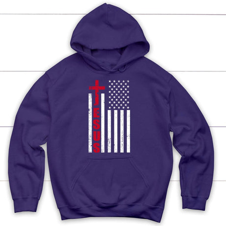 Patriotic hoodies: Jesus word cross with American flag Christian hoodie Purple / S