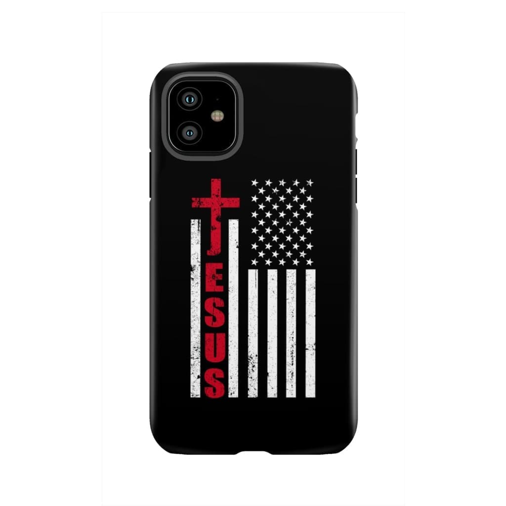 Patriotic phone cases: Jesus word cross with American flag Christian case iPhone 11 / Tough