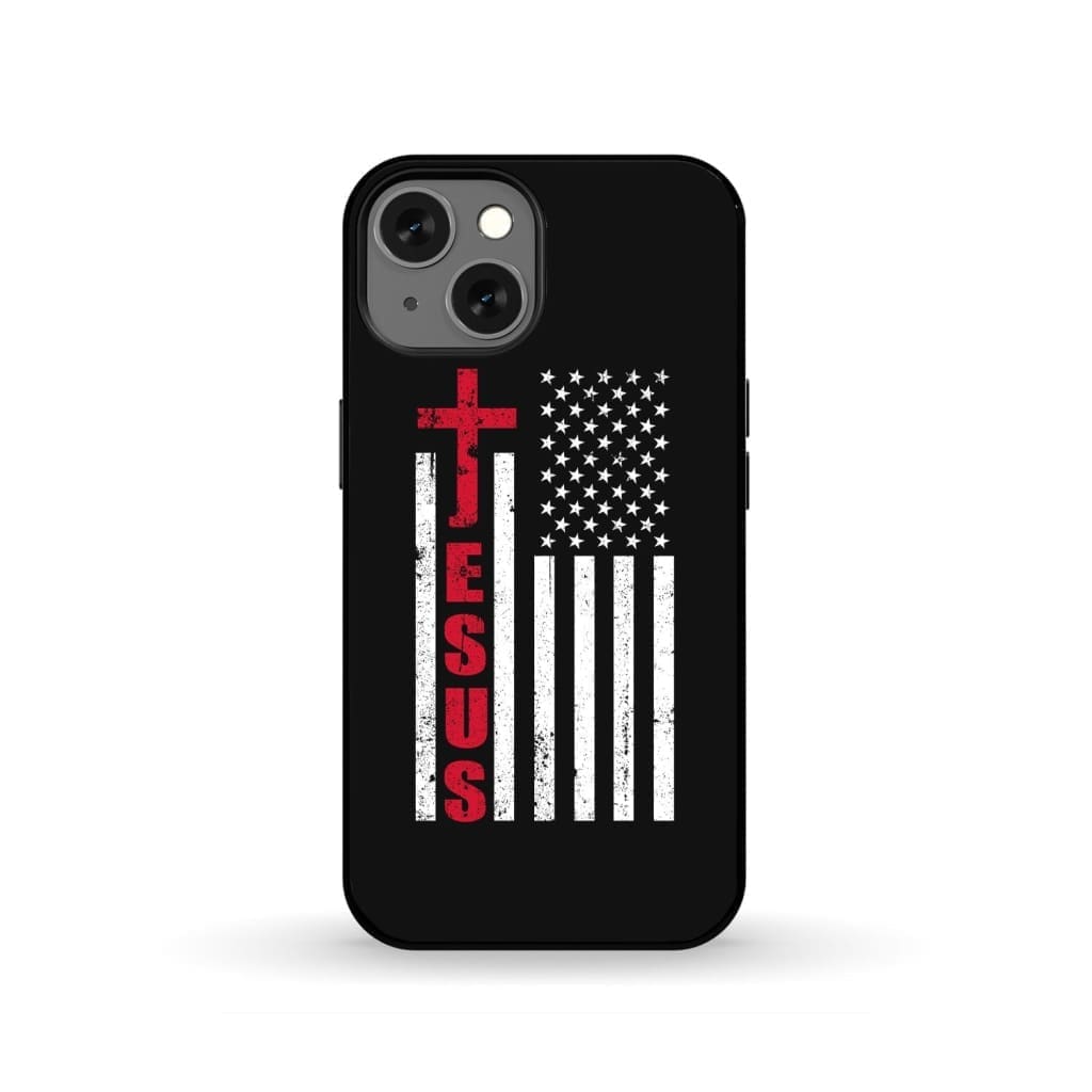 Patriotic phone cases: Jesus word cross with American flag Christian case iPhone 13 / Tough