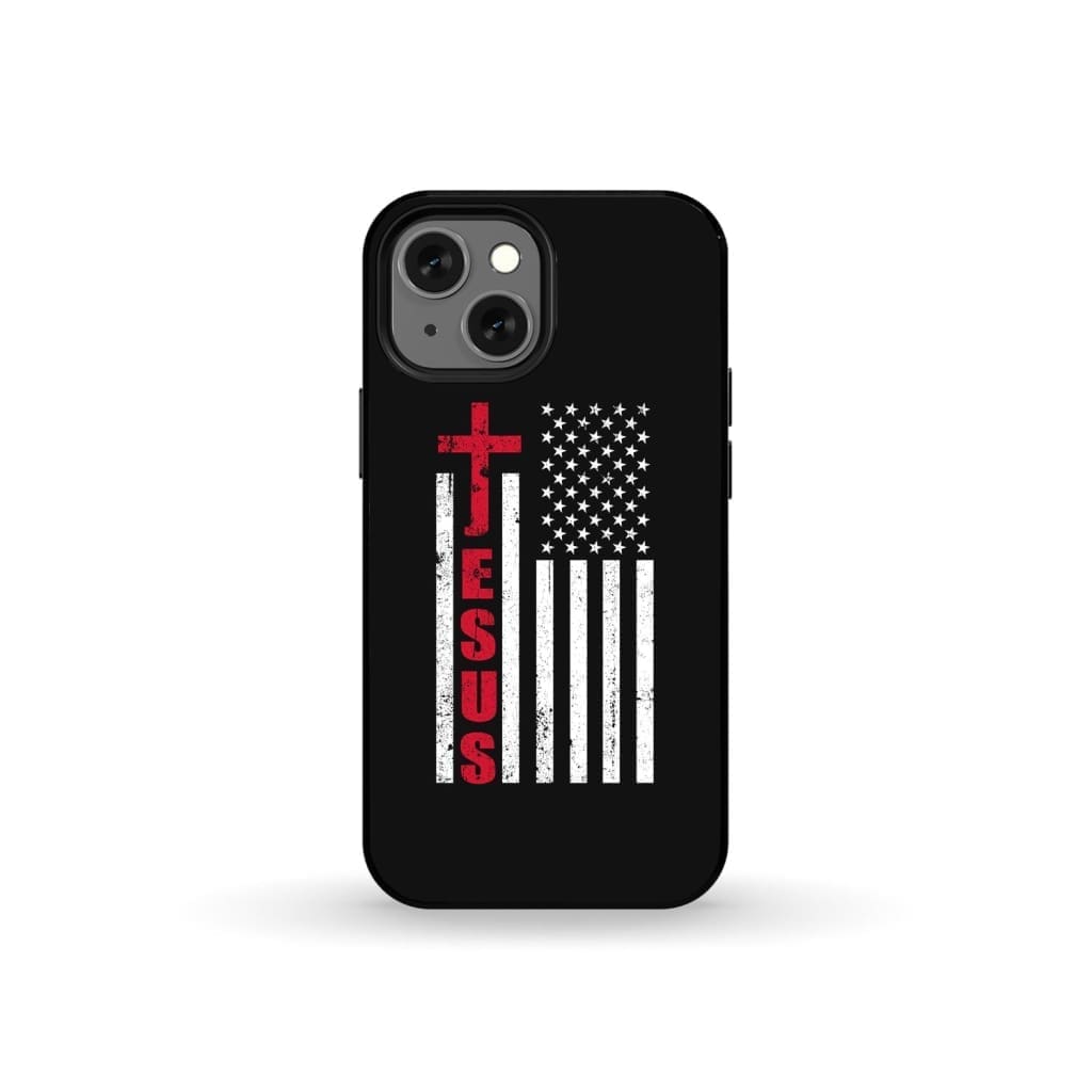 Patriotic phone cases: Jesus word cross with American flag Christian case iPhone 13 Mini / Tough