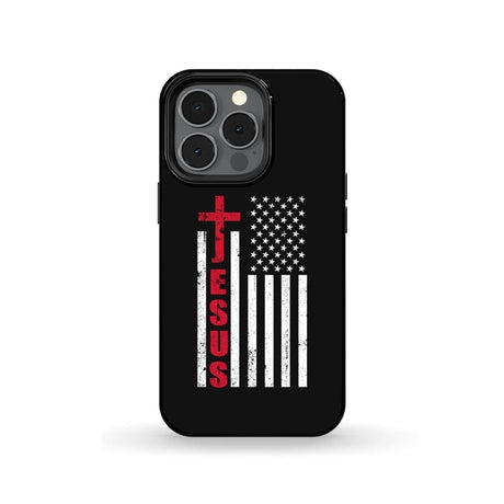 Patriotic phone cases: Jesus word cross with American flag Christian case iPhone 13 Pro / Tough
