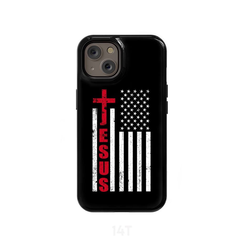 Patriotic phone cases: Jesus word cross with American flag Christian case iPhone 14 / Tough