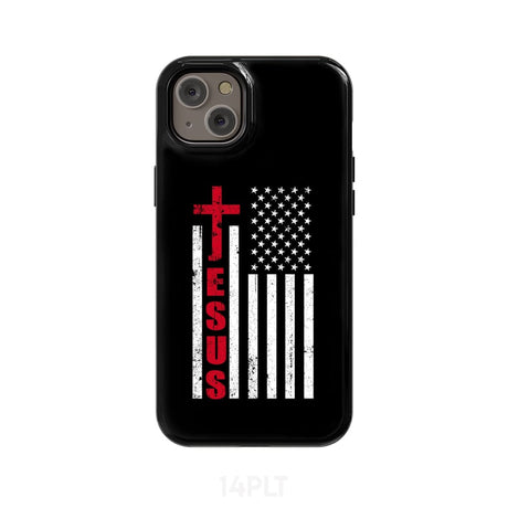 Patriotic phone cases: Jesus word cross with American flag Christian case iPhone 14 Plus / Tough