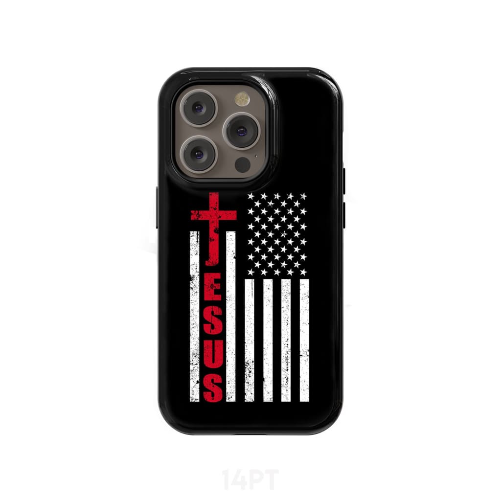 Patriotic phone cases: Jesus word cross with American flag Christian case iPhone 14 Pro / Tough