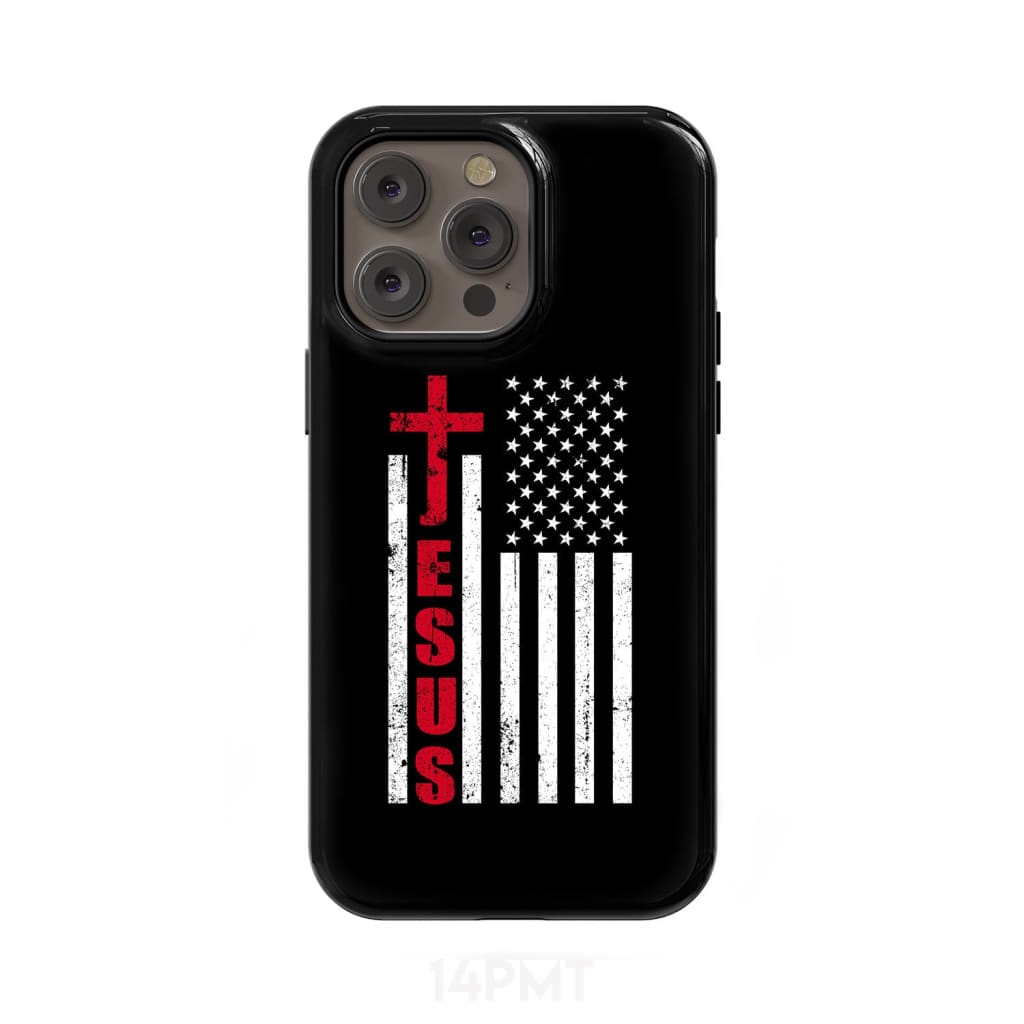 Patriotic phone cases: Jesus word cross with American flag Christian case iPhone 14 Pro Max / Tough