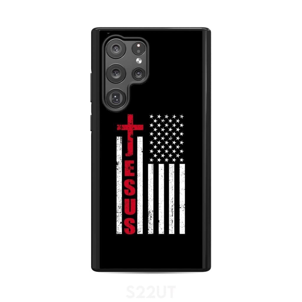 Patriotic phone cases: Jesus word cross with American flag Christian case Samsung Galaxy S22 Ultra / Tough