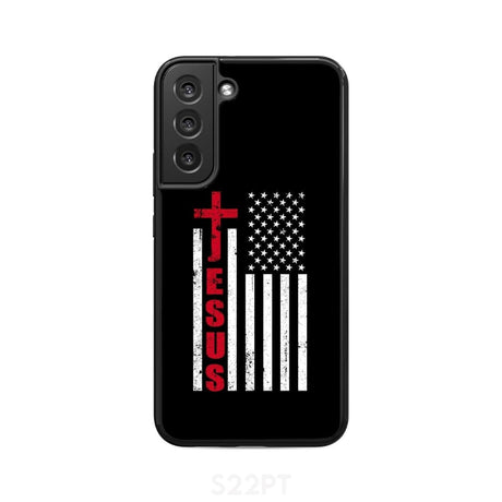 Patriotic phone cases: Jesus word cross with American flag Christian case Samsung Galaxy S22 Plus / Tough