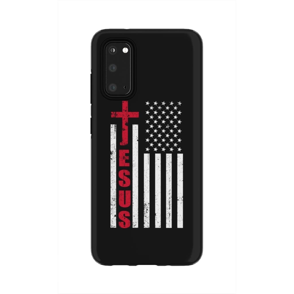Patriotic phone cases: Jesus word cross with American flag Christian case Samsung Galaxy S21 (Not for FE) / Tough