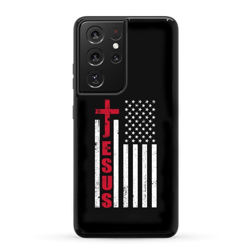 Patriotic phone cases: Jesus word cross with American flag Christian case Samsung Galaxy S21 Ultra / Tough