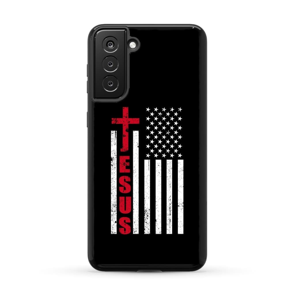 Patriotic phone cases: Jesus word cross with American flag Christian case Samsung Galaxy S21 Plus / Tough