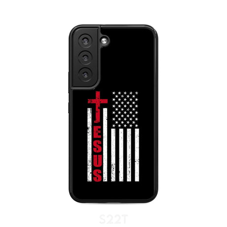 Patriotic phone cases: Jesus word cross with American flag Christian case Samsung Galaxy S22 / Tough