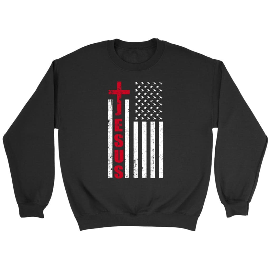 Patriotic sweatshirts: Jesus word cross with American flag Christian sweatshirt Black / S