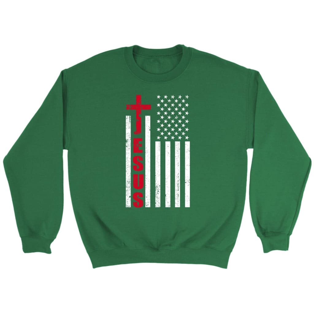 Patriotic sweatshirts: Jesus word cross with American flag Christian sweatshirt Irish Green / S