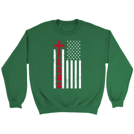 Patriotic sweatshirts: Jesus word cross with American flag Christian sweatshirt Irish Green / S