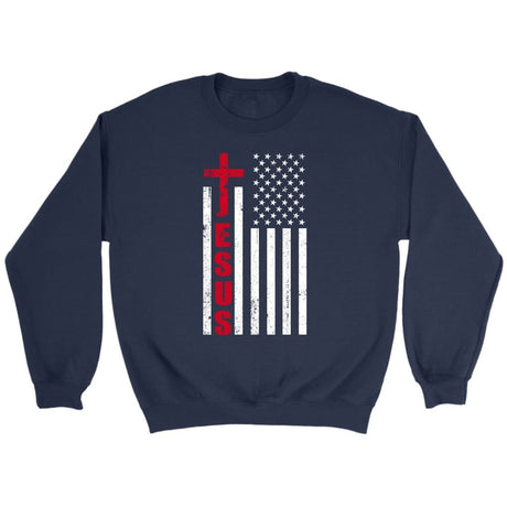 Patriotic sweatshirts: Jesus word cross with American flag Christian sweatshirt Navy / S