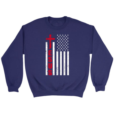 Patriotic sweatshirts: Jesus word cross with American flag Christian sweatshirt Purple / S