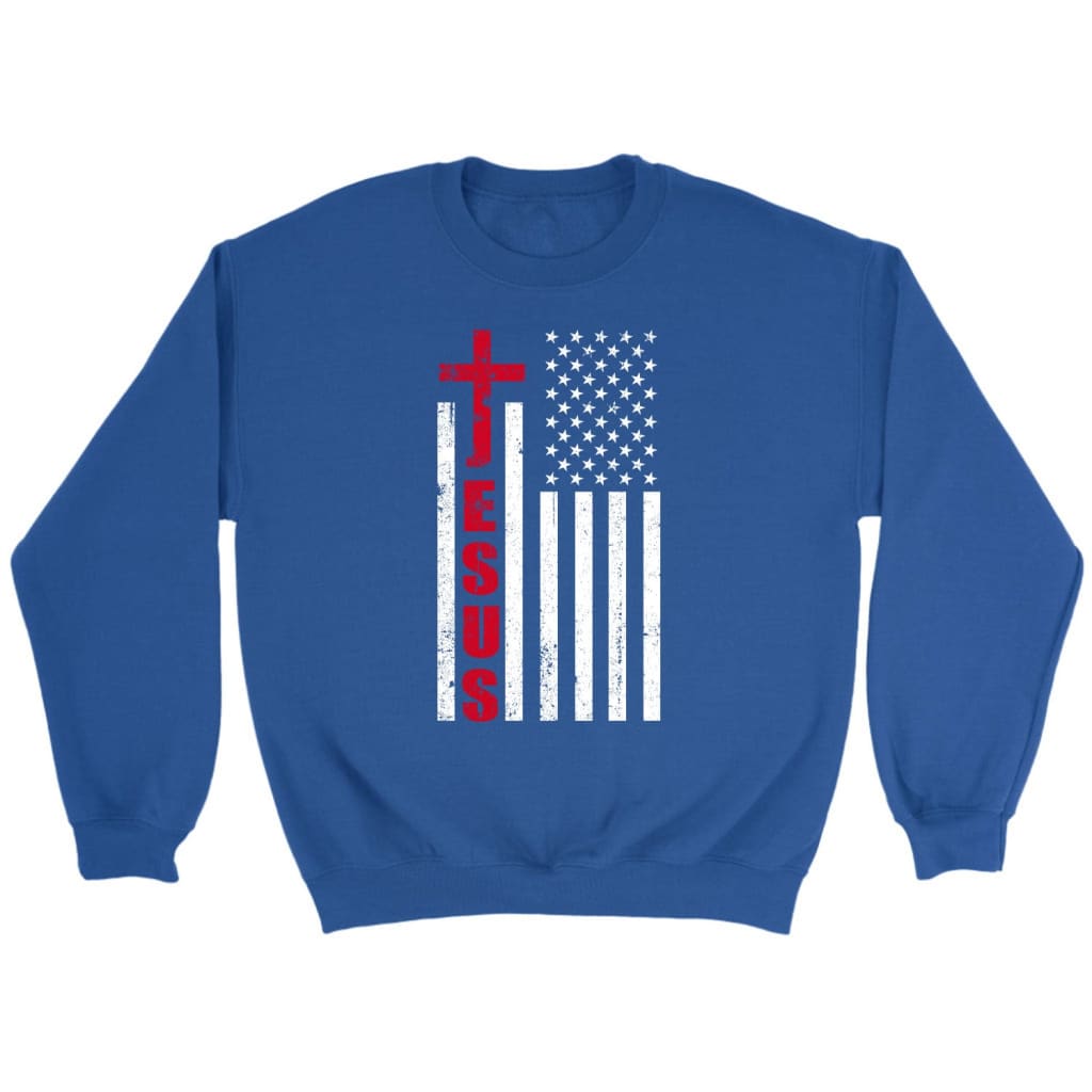 Patriotic sweatshirts: Jesus word cross with American flag Christian sweatshirt Royal / S
