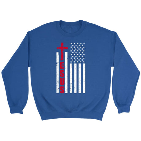 Patriotic sweatshirts: Jesus word cross with American flag Christian sweatshirt Royal / S