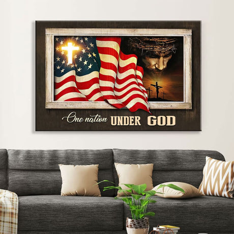 "One Nation Under God" Christian wall art featuring Jesus Christ artwork, perfect for patriotic decor.