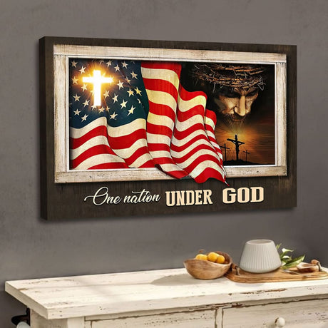 Patriotic Christian wall art canvas with "One Nation Under God" and Jesus Christ artwork, ideal for home decor.