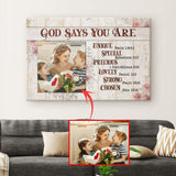 Personalized Christian wall art featuring "God Says You Are" with a custom photo, perfect faith-based home decor.
