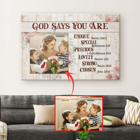Personalized Christian wall art featuring "God Says You Are" with a custom photo, perfect faith-based home decor.