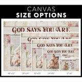 Faith-based wall art with "God Says You Are" and custom photo design, great religious decor for Christian homes - Size options
