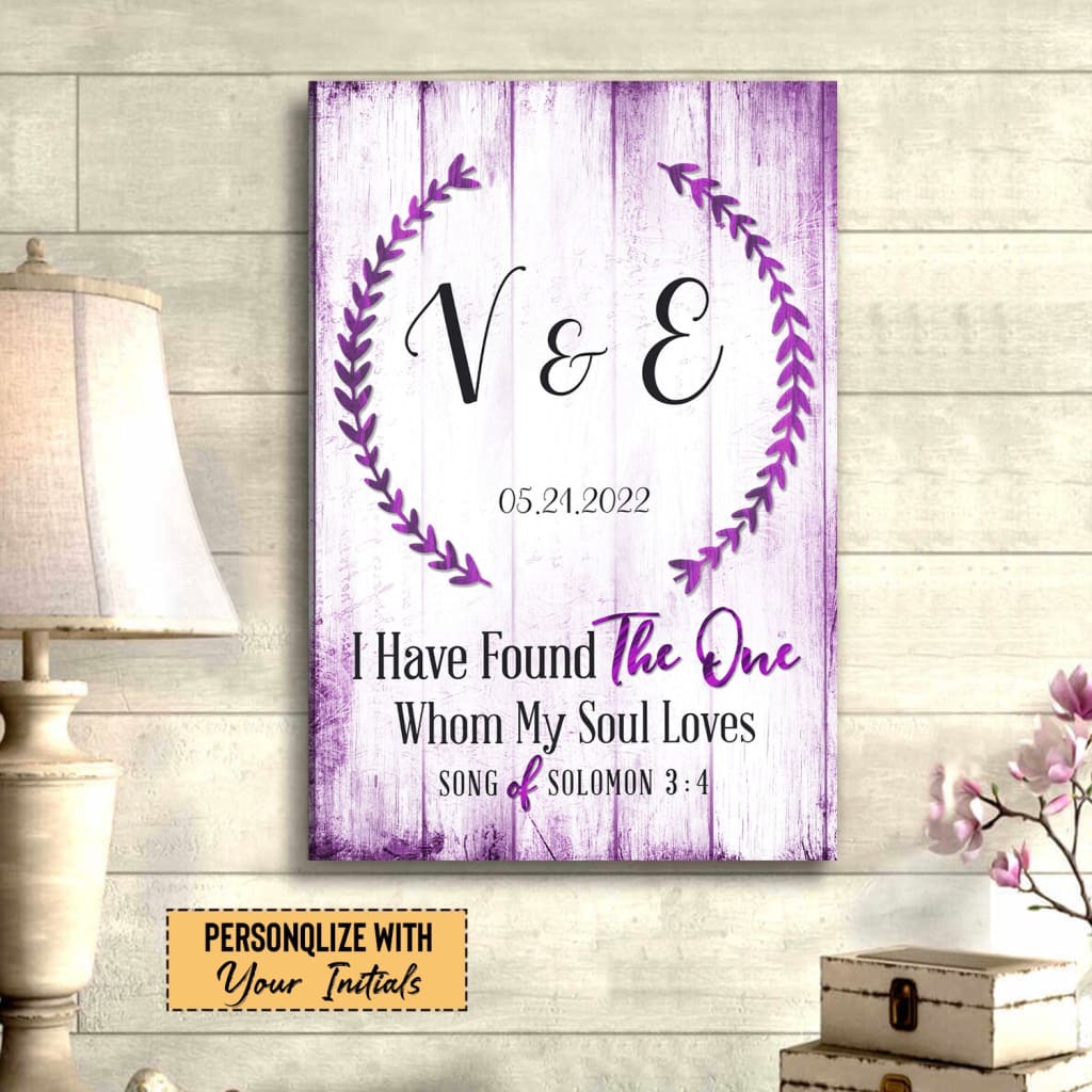 Inspirational wall art canvas featuring "I Have Found the One Whom My Soul Loves," with custom initials and date, ideal for faith-based décor.