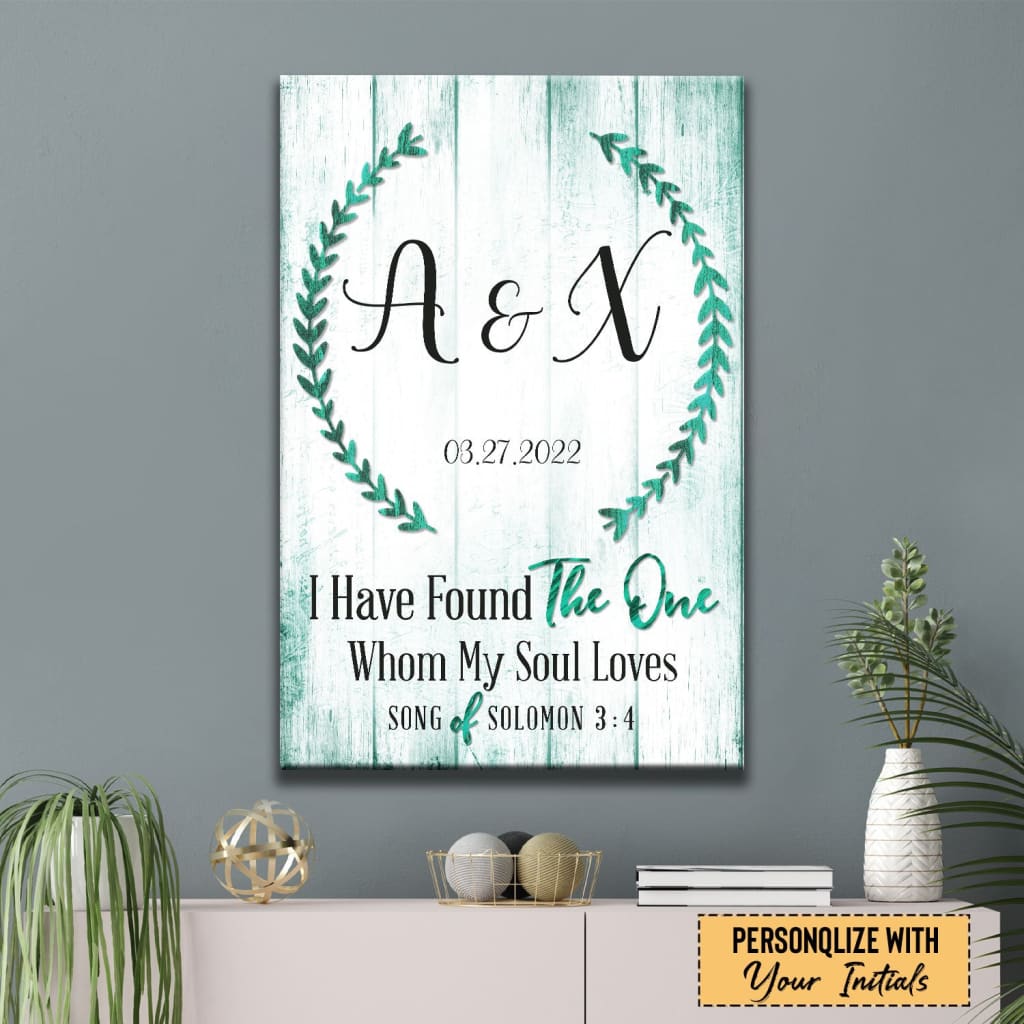Christian wall art with "I Have Found the One Whom My Soul Loves," personalized with initials and date, perfect for religious gifts.