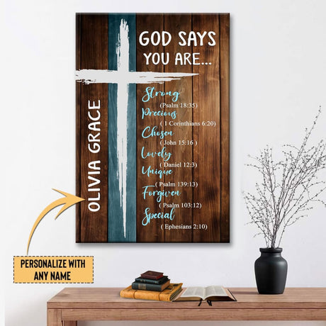 Personalized Christian wall art with "God Says You Are" and custom name, perfect for faith-based gifts.