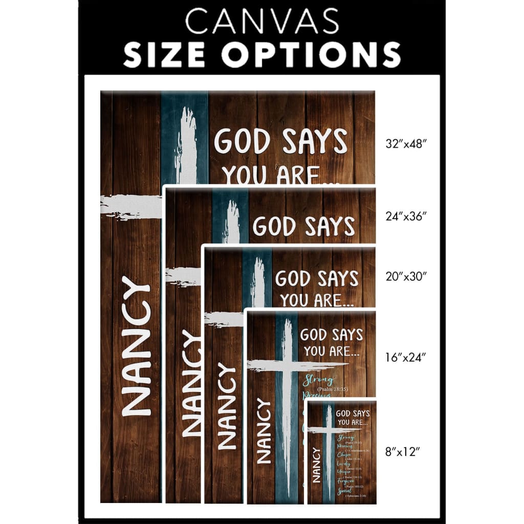 Bible verse-inspired wall art with "God Says You Are" and custom name, ideal for personalized faith-based décor.