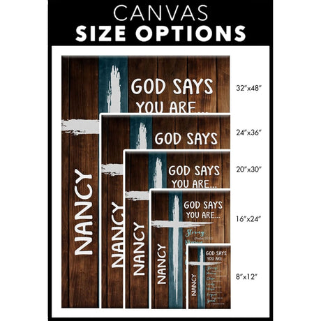 Bible verse-inspired wall art with "God Says You Are" and custom name, ideal for personalized faith-based décor.