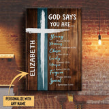Inspirational wall art canvas featuring "God Says You Are" with custom name, ideal for Christian home décor.